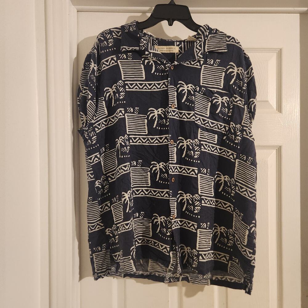 Island Republic Mens Short Sleeve Button-Down Shirt Dk Blue With Palm Trees XL